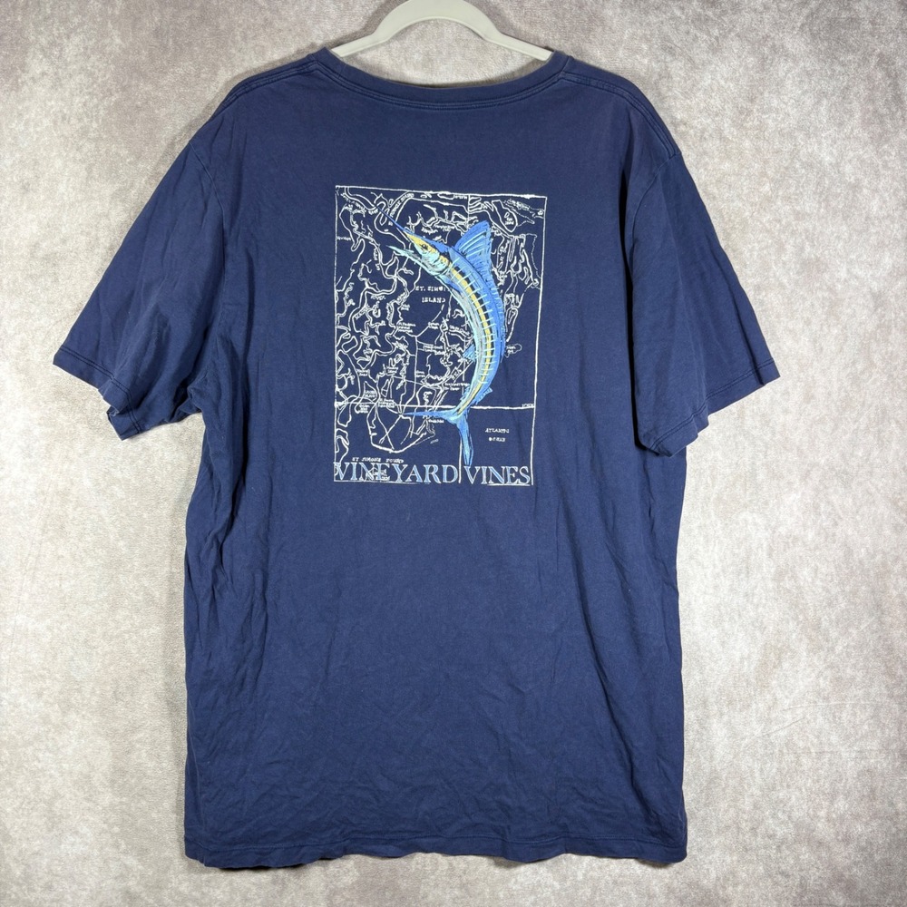 Vineyard Vines T-Shirt Men Large Blue Marlin Graphic Pocket Tee Fishing Cotton